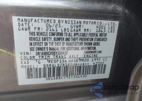 2025 Nissan Sentra Sv из США, поврежденный, VIN 3N1AB8CV9SY356432